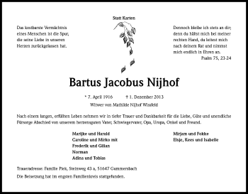 Anzeige von Bartus Jacobus Nijhof von Kölner Stadt-Anzeiger / Kölnische Rundschau / Express