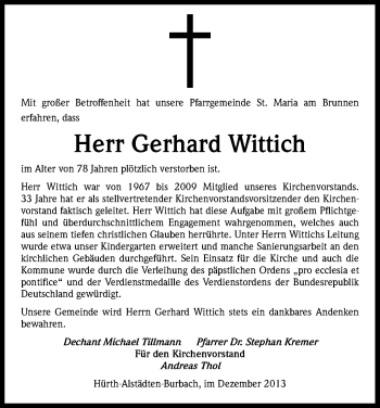 Anzeige von Gerhard Wittich von Kölner Stadt-Anzeiger / Kölnische Rundschau / Express