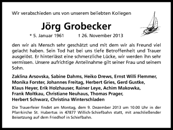 Anzeige von Jörg Grobecker von Kölner Stadt-Anzeiger / Kölnische Rundschau / Express