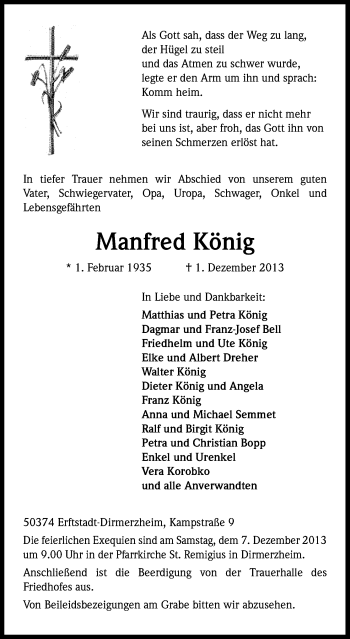 Anzeige von Manfred Koenig von Kölner Stadt-Anzeiger / Kölnische Rundschau / Express