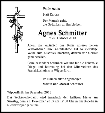 Anzeige von Agnes Schmitter von Kölner Stadt-Anzeiger / Kölnische Rundschau / Express