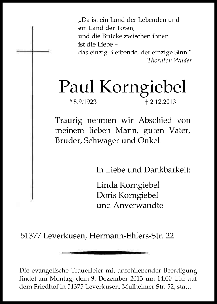  Traueranzeige für Paul Korngiebel vom 05.12.2013 aus Kölner Stadt-Anzeiger / Kölnische Rundschau / Express