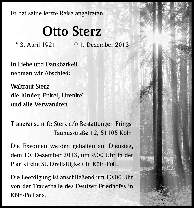  Traueranzeige für Otto Sterz vom 06.12.2013 aus Kölner Stadt-Anzeiger / Kölnische Rundschau / Express