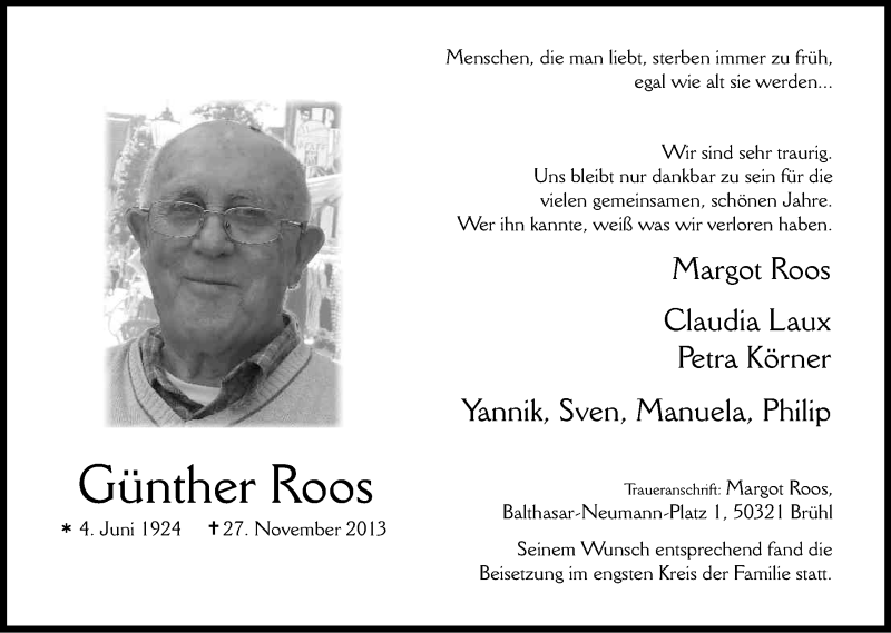  Traueranzeige für Guenther Roos vom 07.12.2013 aus Kölner Stadt-Anzeiger / Kölnische Rundschau / Express