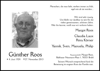 Anzeige von Guenther Roos von Kölner Stadt-Anzeiger / Kölnische Rundschau / Express