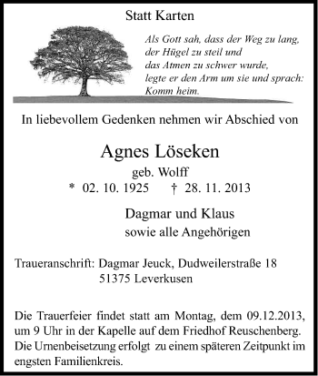 Anzeige von Agnes Löseken von Kölner Stadt-Anzeiger / Kölnische Rundschau / Express