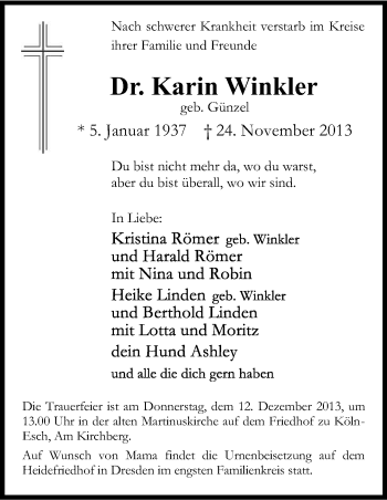 Anzeige von Karin Winkler von Kölner Stadt-Anzeiger / Kölnische Rundschau / Express