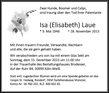Anzeige von Elisabeth Laue von Kölner Stadt-Anzeiger / Kölnische Rundschau / Express