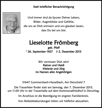 Anzeige von Lieselotte Frömberg von Kölner Stadt-Anzeiger / Kölnische Rundschau / Express