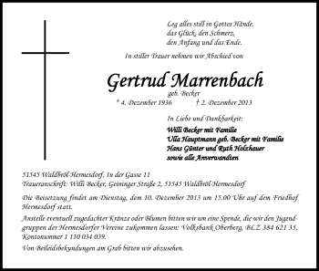 Anzeige von Gertrud Marrenbach von Kölner Stadt-Anzeiger / Kölnische Rundschau / Express