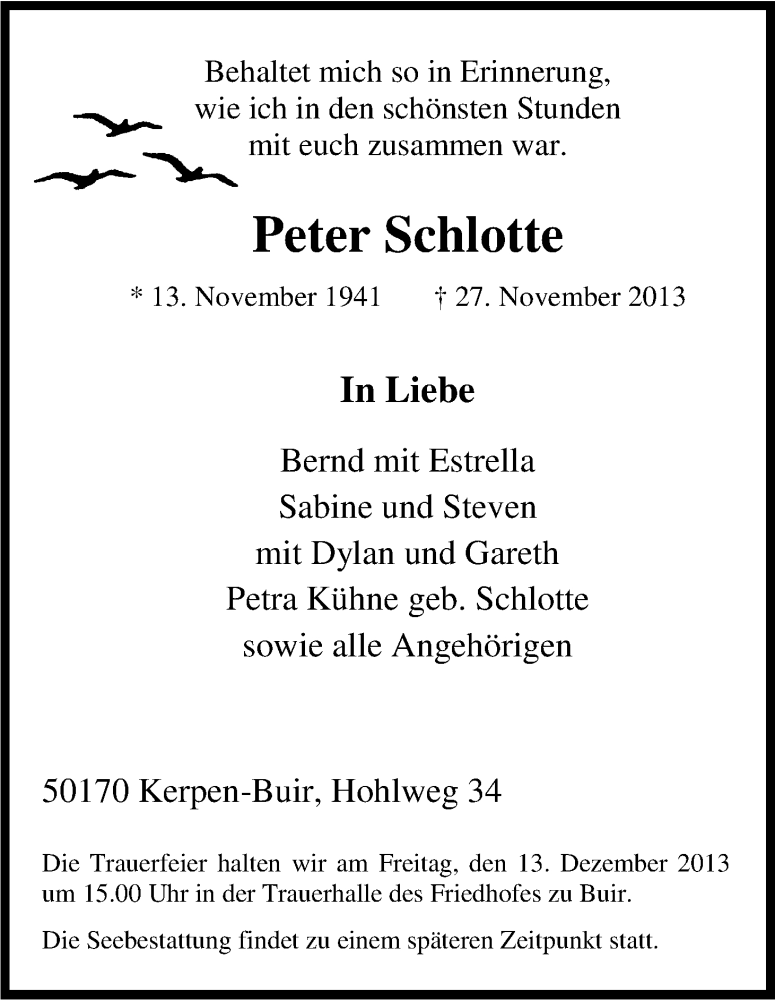  Traueranzeige für Peter Schlotte vom 07.12.2013 aus Kölner Stadt-Anzeiger / Kölnische Rundschau / Express