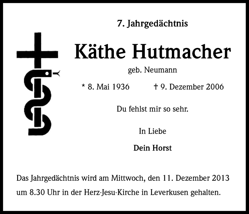  Traueranzeige für Käthe Hutmacher vom 09.12.2013 aus Kölner Stadt-Anzeiger / Kölnische Rundschau / Express