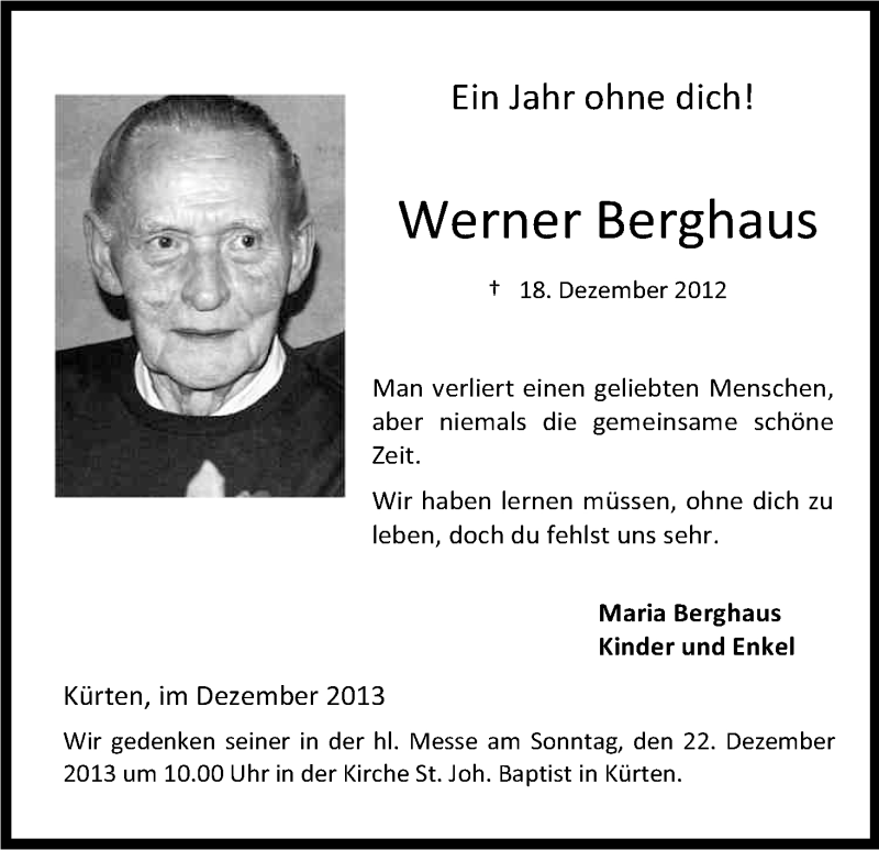  Traueranzeige für Werner Berghaus vom 18.12.2013 aus Kölner Stadt-Anzeiger / Kölnische Rundschau / Express
