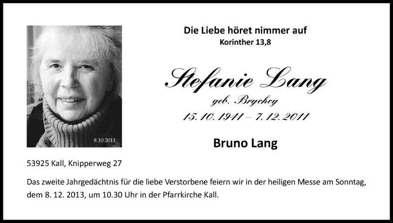  Traueranzeige für Stefanie Lang vom 07.12.2013 aus Kölner Stadt-Anzeiger / Kölnische Rundschau / Express