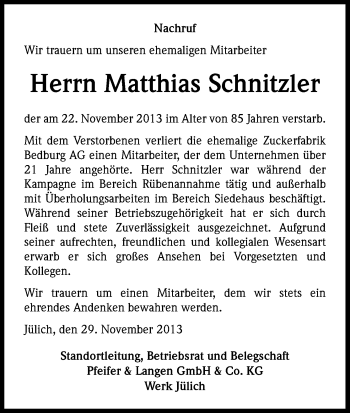 Anzeige von Matthias Schnitzler von Kölner Stadt-Anzeiger / Kölnische Rundschau / Express