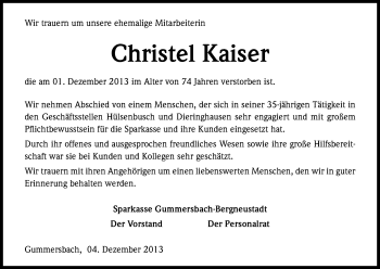 Anzeige von Christel Kaiser von Kölner Stadt-Anzeiger / Kölnische Rundschau / Express