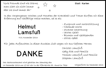 Anzeige von Helmut Lamsfuß von Kölner Stadt-Anzeiger / Kölnische Rundschau / Express