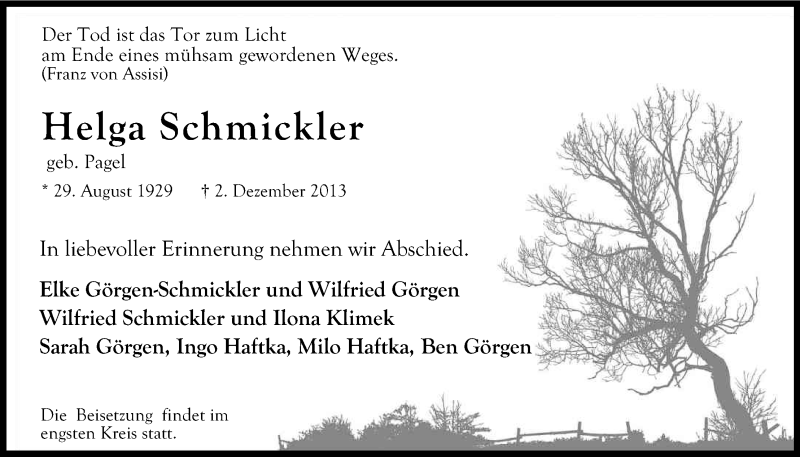  Traueranzeige für Helga Schmickler vom 07.12.2013 aus Kölner Stadt-Anzeiger / Kölnische Rundschau / Express
