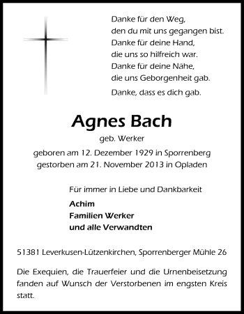 Anzeige von Agnes Bach von Kölner Stadt-Anzeiger / Kölnische Rundschau / Express