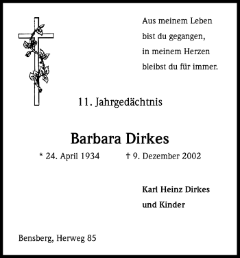 Anzeige von Barbara Dirkes von Kölner Stadt-Anzeiger / Kölnische Rundschau / Express