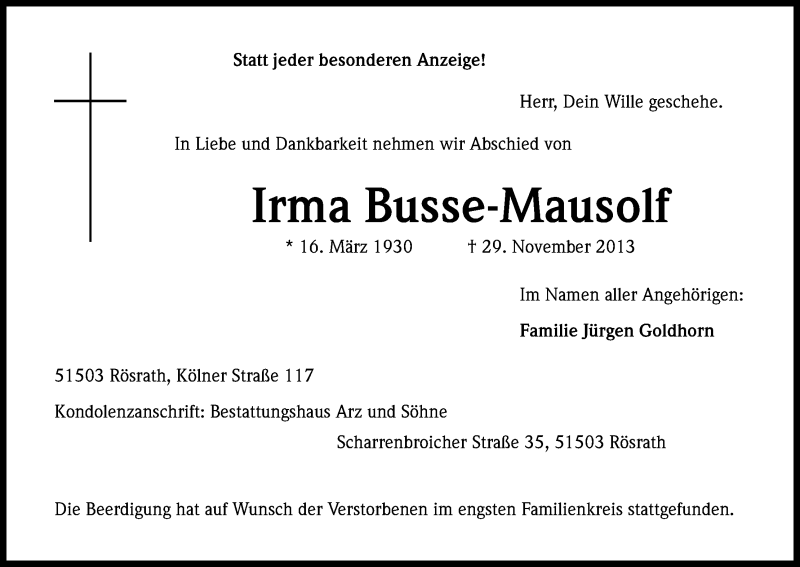  Traueranzeige für Irma Busse-Mausolf vom 07.12.2013 aus Kölner Stadt-Anzeiger / Kölnische Rundschau / Express