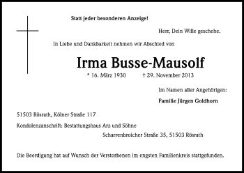 Anzeige von Irma Busse-Mausolf von Kölner Stadt-Anzeiger / Kölnische Rundschau / Express