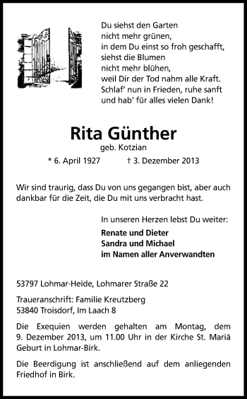 Anzeige von Rita Günther von Kölner Stadt-Anzeiger / Kölnische Rundschau / Express