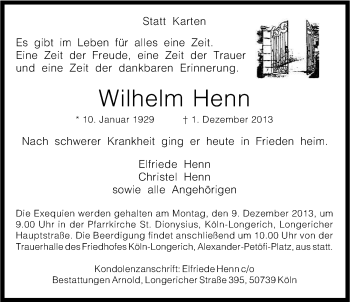 Anzeige von Wilhelm Henn von Kölner Stadt-Anzeiger / Kölnische Rundschau / Express