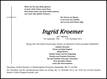 Anzeige von Ingrid Kroemer von Kölner Stadt-Anzeiger / Kölnische Rundschau / Express
