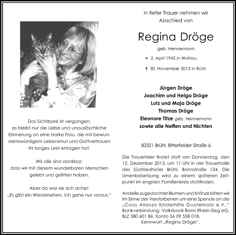  Traueranzeige für Regina Dröge vom 07.12.2013 aus Kölner Stadt-Anzeiger / Kölnische Rundschau / Express