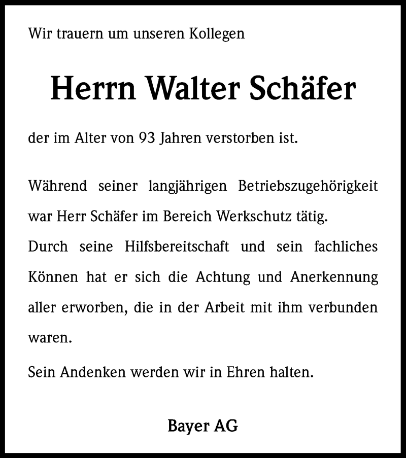  Traueranzeige für Walter Schäfer vom 10.12.2013 aus Kölner Stadt-Anzeiger / Kölnische Rundschau / Express