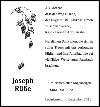 Anzeige von Joseph Rüße von Kölner Stadt-Anzeiger / Kölnische Rundschau / Express