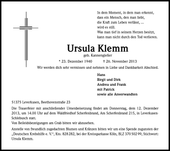 Anzeige von Ursula Klemm von Kölner Stadt-Anzeiger / Kölnische Rundschau / Express