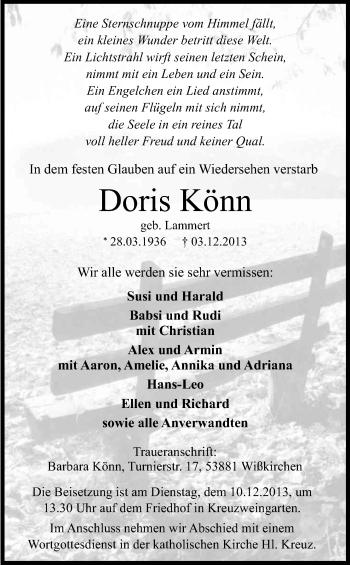 Anzeige von Doris Könn von Kölner Stadt-Anzeiger / Kölnische Rundschau / Express