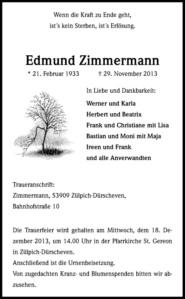  Traueranzeige für Edmund Zimmermann vom 14.12.2013 aus Kölner Stadt-Anzeiger / Kölnische Rundschau / Express