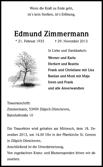 Anzeige von Edmund Zimmermann von Kölner Stadt-Anzeiger / Kölnische Rundschau / Express