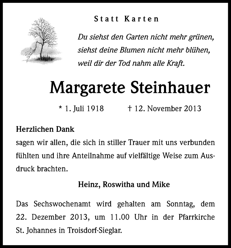  Traueranzeige für Margarete Steinhauer vom 07.12.2013 aus Kölner Stadt-Anzeiger / Kölnische Rundschau / Express