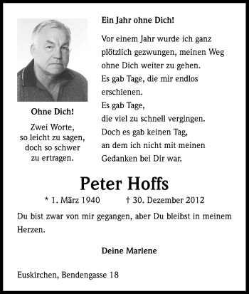 Anzeige von Peter Hoffs von Kölner Stadt-Anzeiger / Kölnische Rundschau / Express