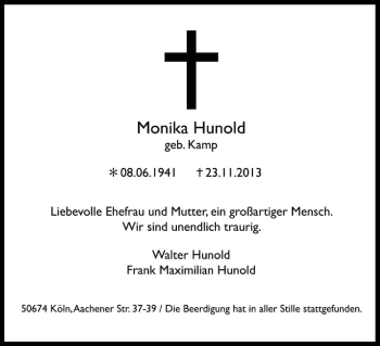 Anzeige von Monika Hunold von Kölner Stadt-Anzeiger / Kölnische Rundschau / Express