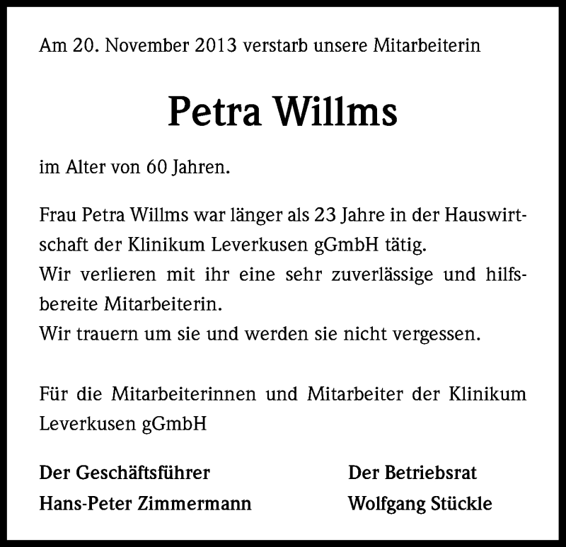  Traueranzeige für Petra Wilms vom 07.12.2013 aus Kölner Stadt-Anzeiger / Kölnische Rundschau / Express