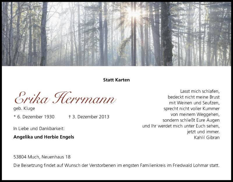  Traueranzeige für Erika Hermann vom 06.12.2013 aus Kölner Stadt-Anzeiger / Kölnische Rundschau / Express