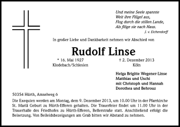 Anzeige von Rudolf Linse von Kölner Stadt-Anzeiger / Kölnische Rundschau / Express