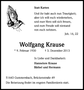Anzeige von Wolfgang Krause von Kölner Stadt-Anzeiger / Kölnische Rundschau / Express
