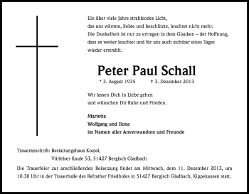 Anzeige von Peter Paul Schall von Kölner Stadt-Anzeiger / Kölnische Rundschau / Express