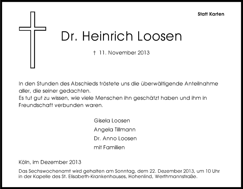  Traueranzeige für Heinrich Loosen vom 07.12.2013 aus Kölner Stadt-Anzeiger / Kölnische Rundschau / Express