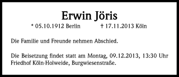 Anzeige von Erwin Jöris von Kölner Stadt-Anzeiger / Kölnische Rundschau / Express