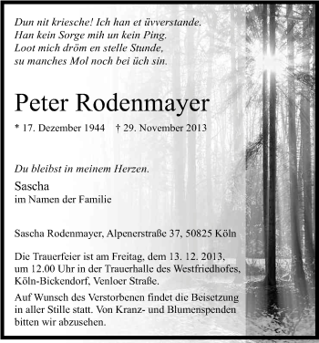 Anzeige von Peter Rodenmayer von Kölner Stadt-Anzeiger / Kölnische Rundschau / Express
