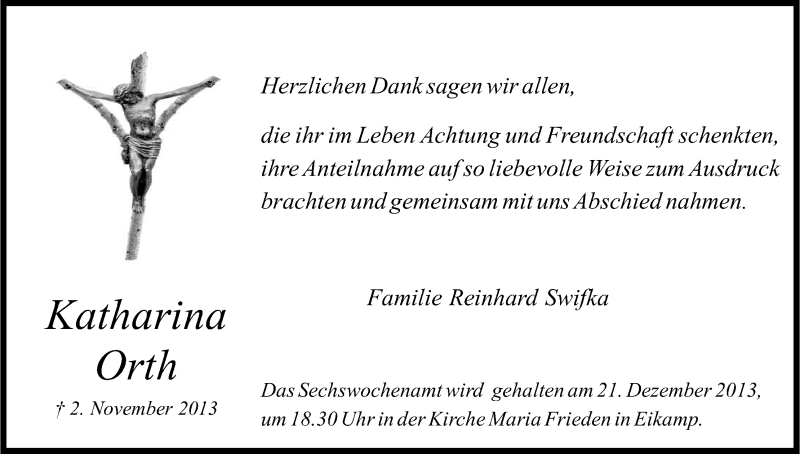  Traueranzeige für Katharina Orth vom 14.12.2013 aus Kölner Stadt-Anzeiger / Kölnische Rundschau / Express