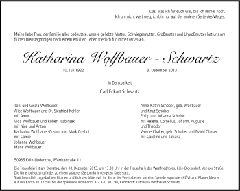 Anzeige von Katharina Wolfbauer-Schwartz von Kölner Stadt-Anzeiger / Kölnische Rundschau / Express