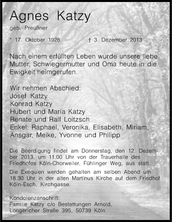 Anzeige von Agnes Katzy von Kölner Stadt-Anzeiger / Kölnische Rundschau / Express